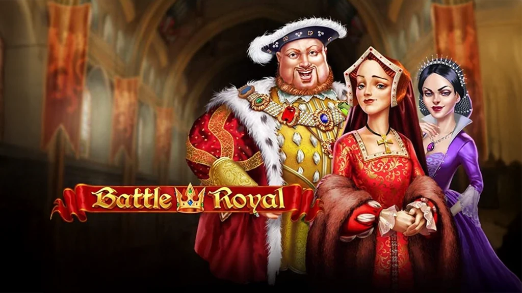Play’n GO’s Battle Royal slot featuring King Henry VIII and his six wives in a vibrant Tudor court setting with royal symbols