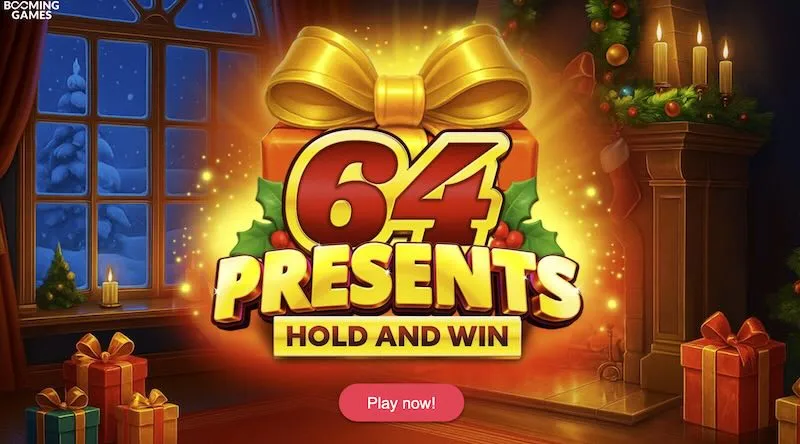 64 Presents Hold and Win Christmas slot by Booming Games with expanding grid and holiday bonuses