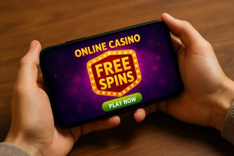 Mobile phone displaying free spins offer at an online casino