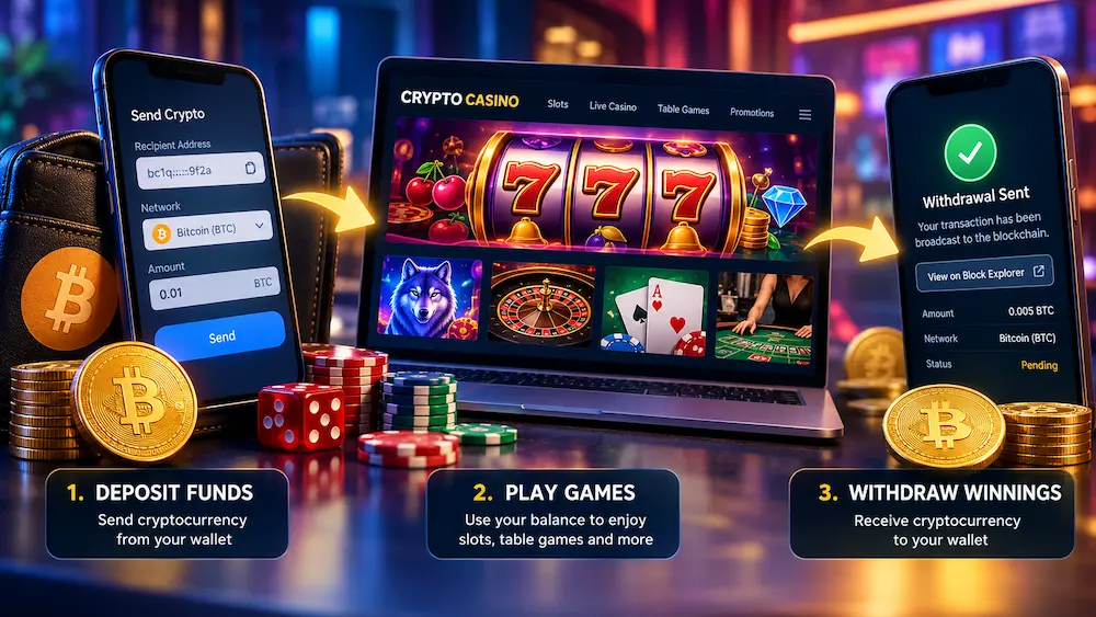 How crypto casinos work: depositing Bitcoin, playing online casino games, and withdrawing winnings to a crypto wallet.