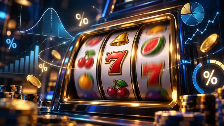 Online slot machine displaying reels and mathematical probability symbols representing RTP, volatility, and house edge