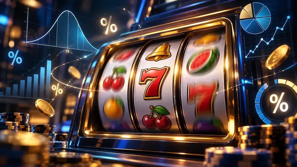 Online slot machine displaying reels and mathematical probability symbols representing RTP, volatility, and house edge